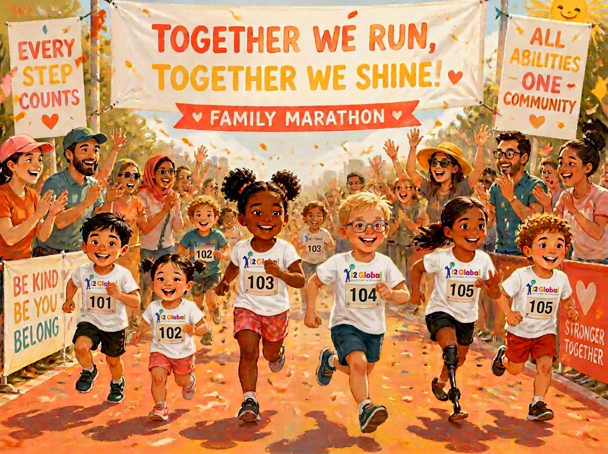 Joyful children of all abilities running together at Kidathon family marathon